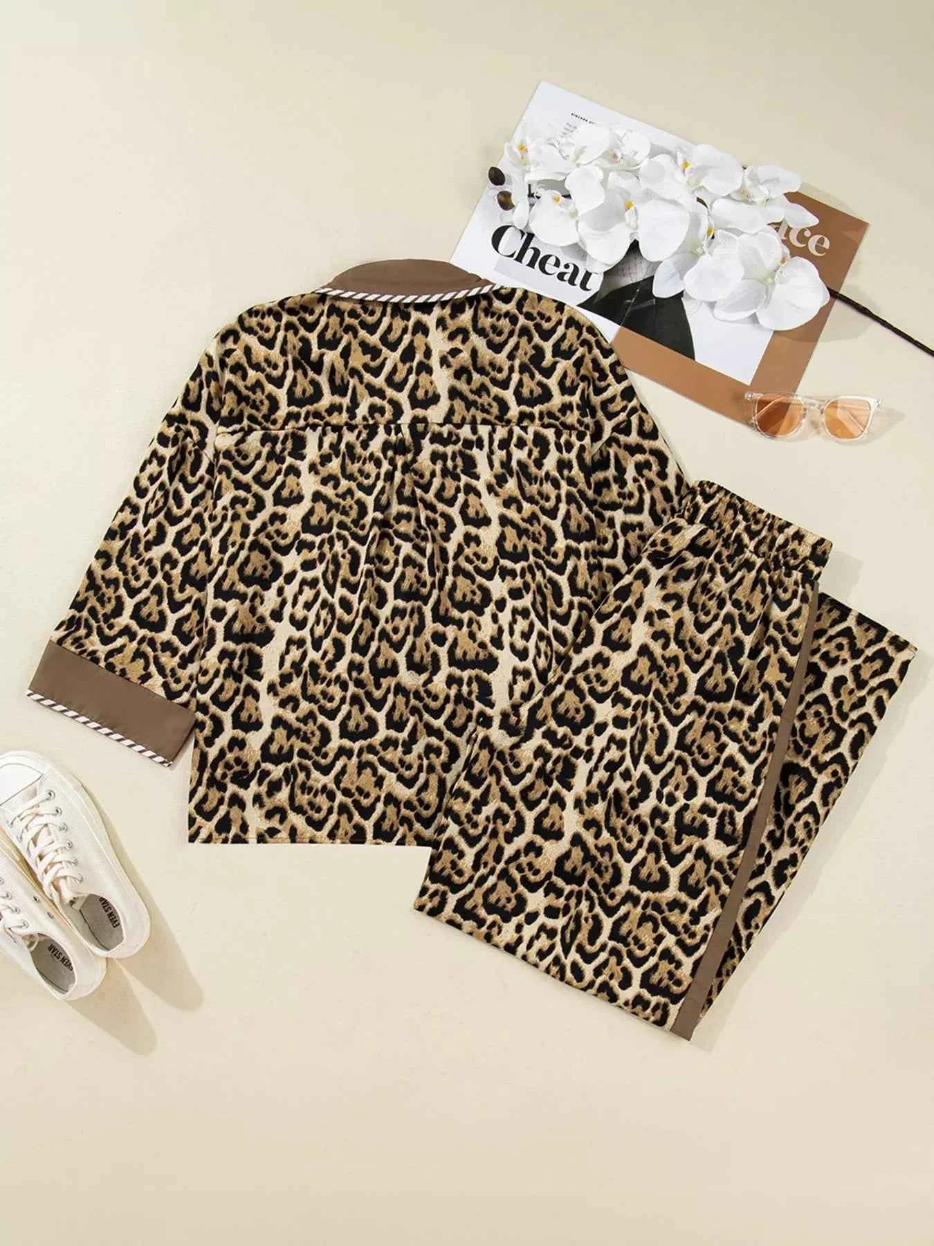 Leopard Collared 3/4 Sleeve Shirt and Loose Pants Two Piece Outfit Set