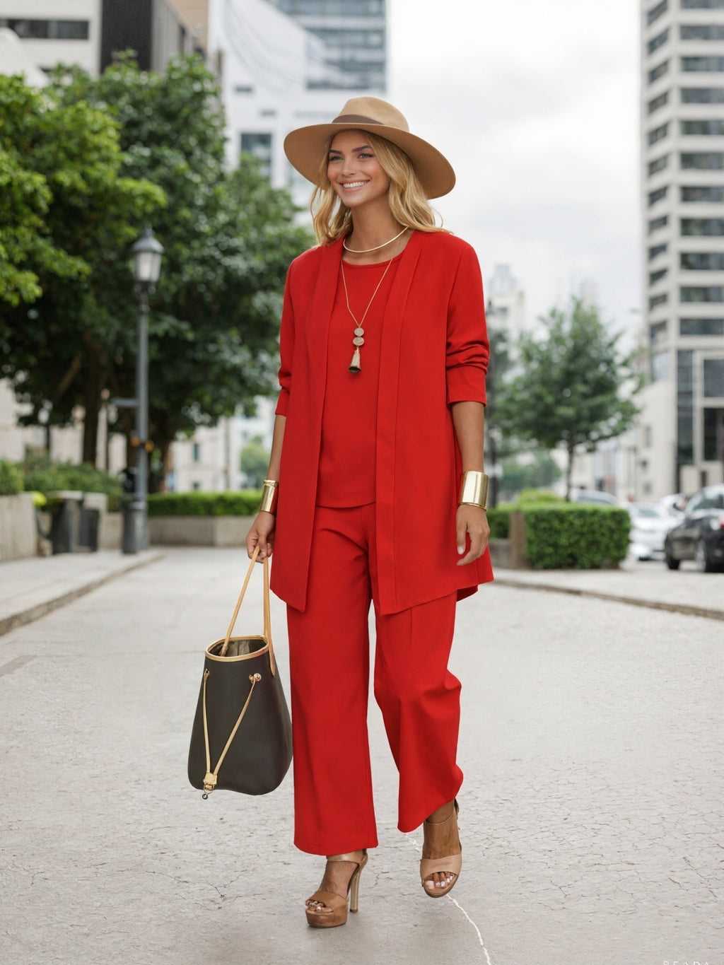 Model wearing a vibrant red 3-piece loose outfit set including a jacket, top, and wide-leg trousers.