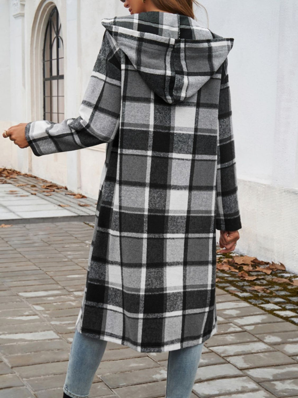 Women's Plaid Long Sleeve Hooded Coat in Brown and Green - Image 10