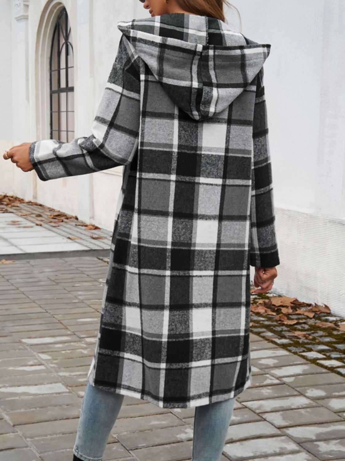 Women's Plaid Long Sleeve Hooded Coat in Brown and Green - Image 10