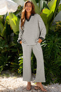 White Stripe Collared Pullover Top & Drawstring Pant Set