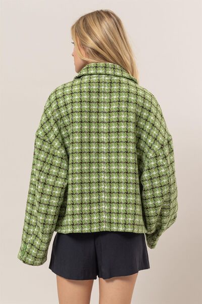 Green Tweed Plaid Button Up Collared Jacket for Women
