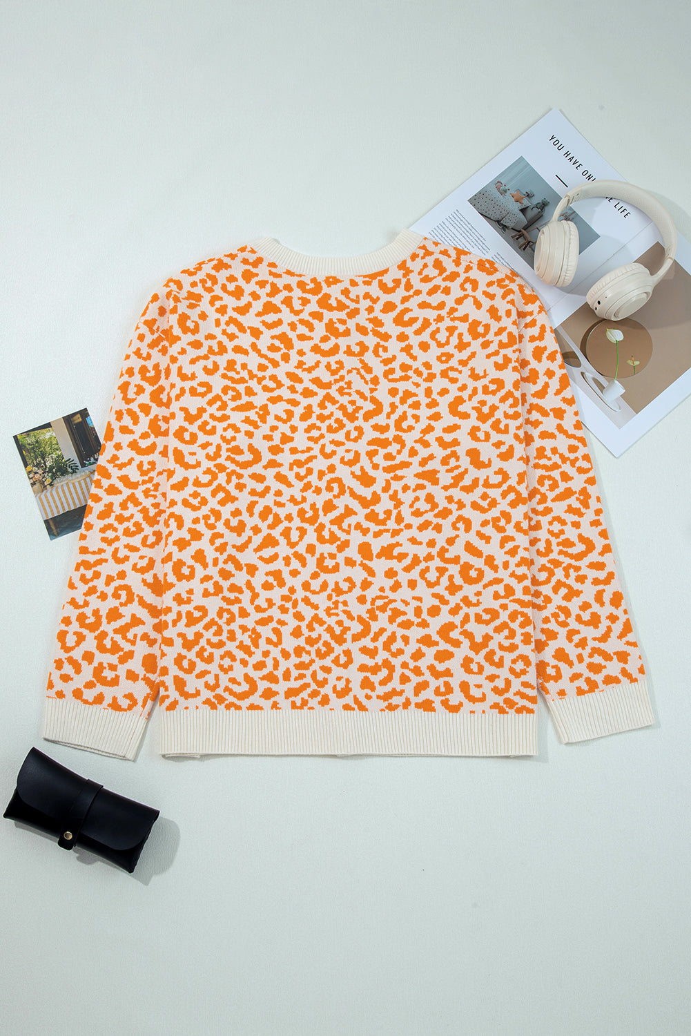 Orange Leopard Drop Shoulder Knitted Cardigan