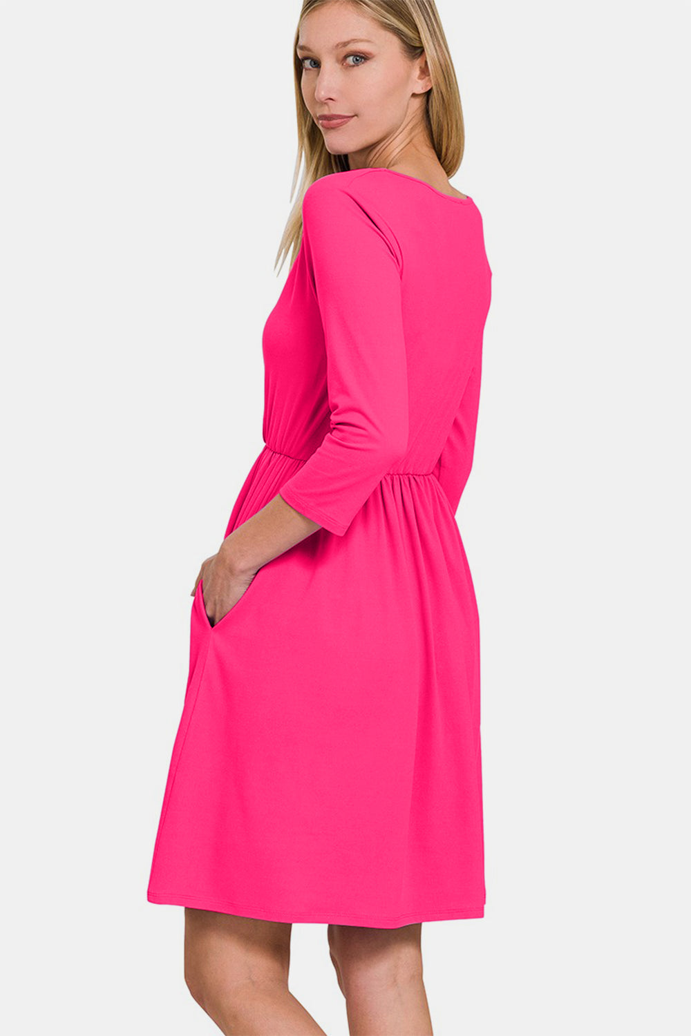 Three-Quarter Sleeve Surplice Mini Dress with Pockets