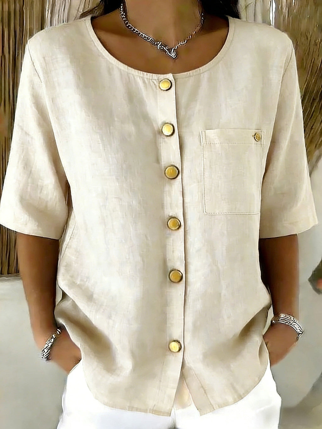 Crew Neck 3/4 Sleeve Blouse with Metal Buttons - Image 6