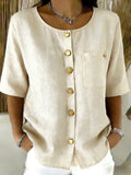 Crew Neck 3/4 Sleeve Blouse with Metal Buttons - Image 6