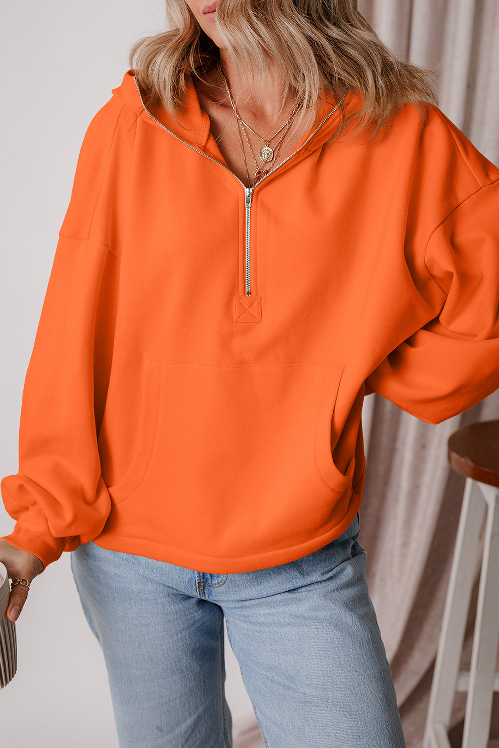 Orange Half Zipper Hoodie with Kangaroo Pockets | Drop Shoulder