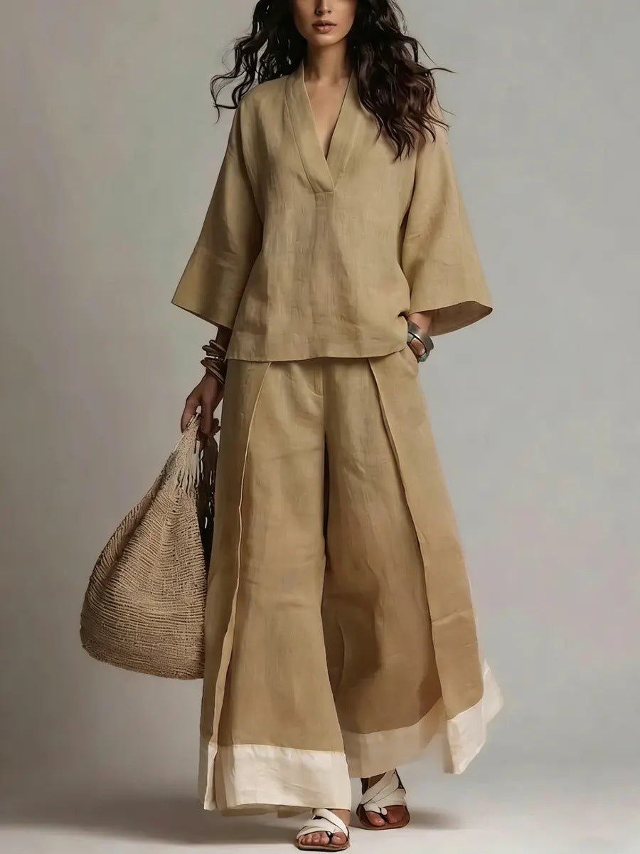 Cotton-Linen V-Neck Two-Piece Set: Wide-Leg Pants & 3/4 Sleeve Top