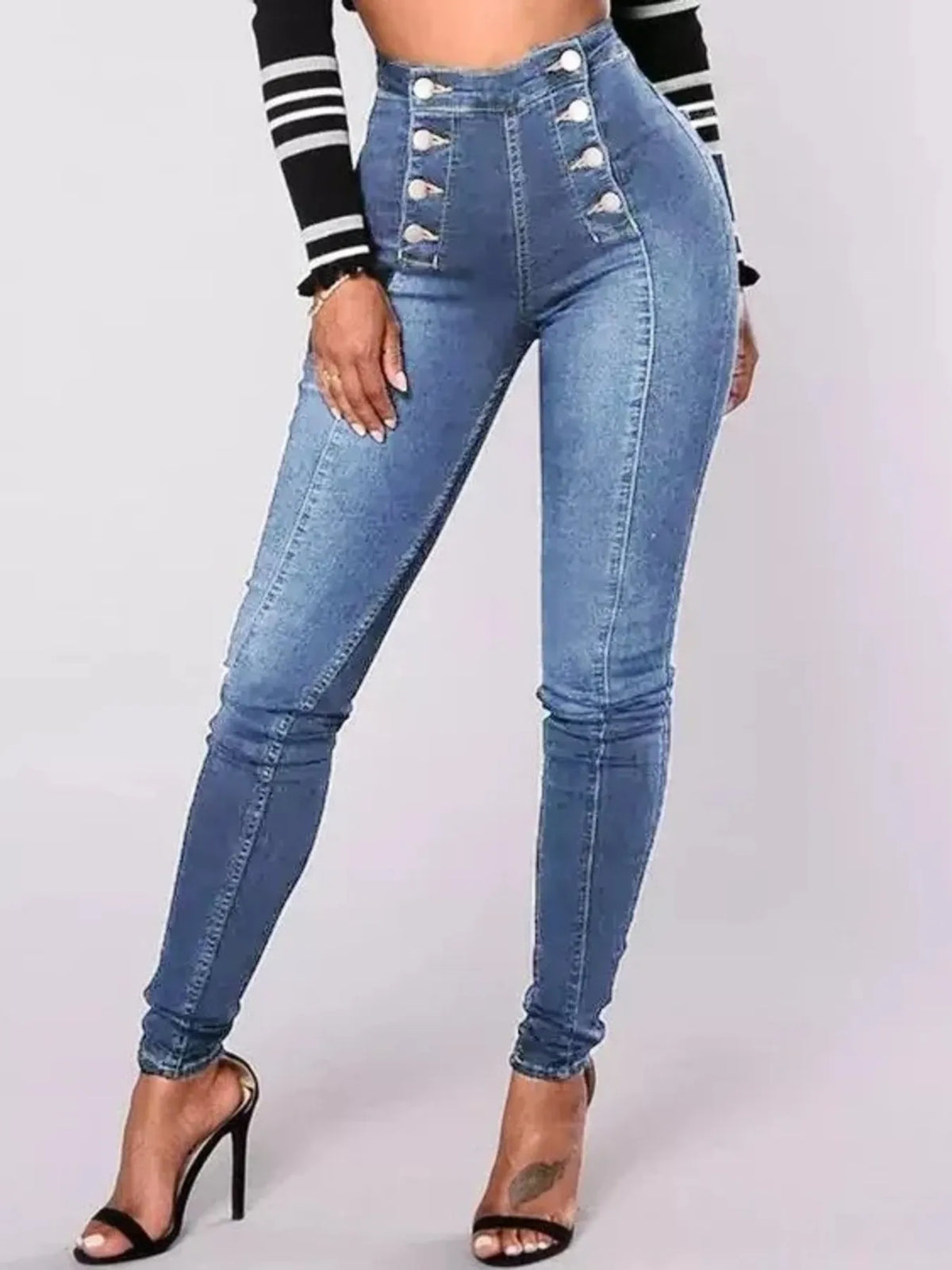Full Size High-Waisted Double-Breasted Skinny Jeans Plus Size