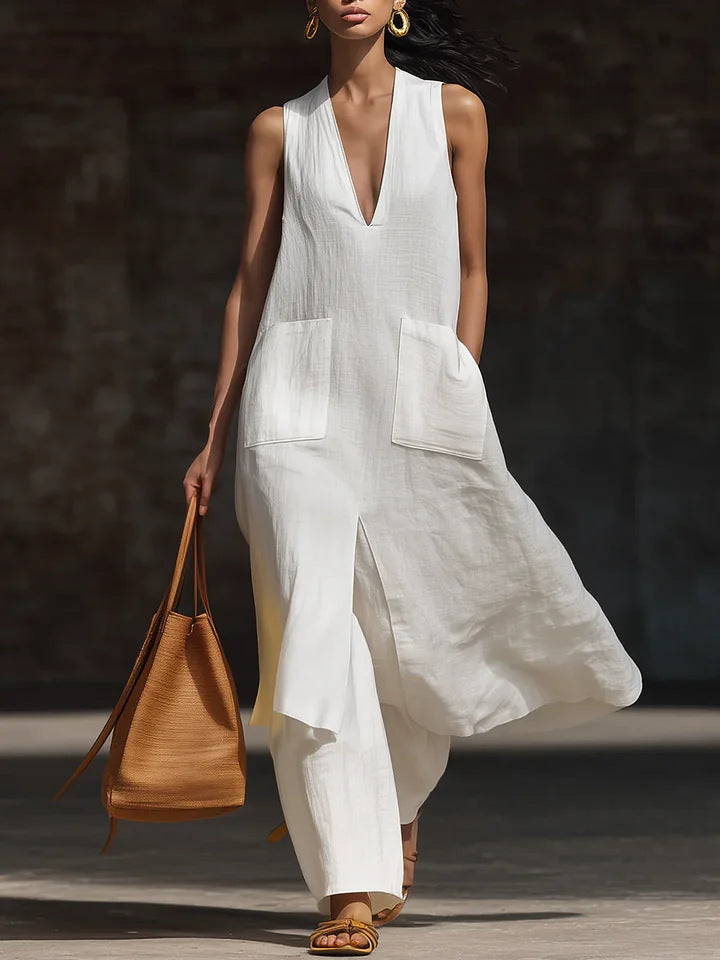 Women's V-Neck Sleeveless Linen Tunic and Wide Leg Pant Set - Image 9