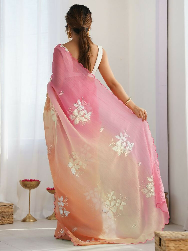 Pink and Orange Gold Crush Embroidery Saree with Blouse Piece