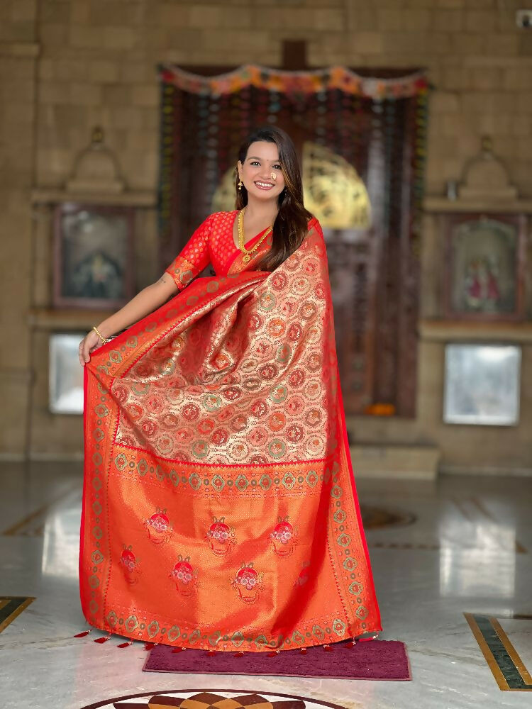 Red Soft Kanjivaram Silk Saree with Meenakari Zari Weaving