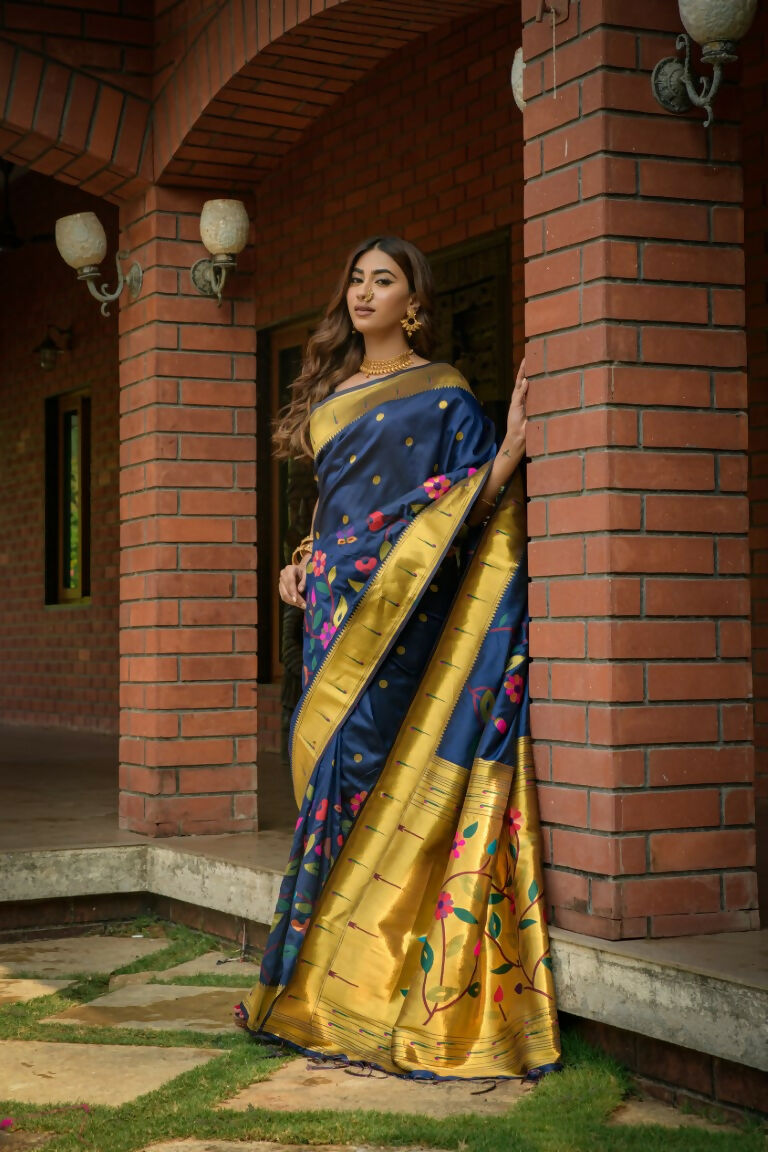 Navy Blue Paithani Silk Saree with Zari Woven Border and Blouse