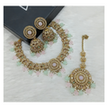 L.Pink and sea green stone work necklace set with matching earrings