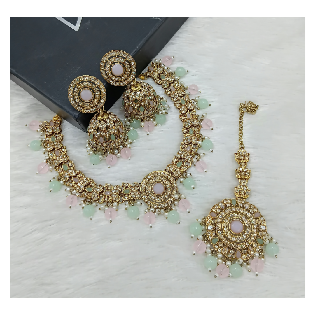 L.Pink and sea green stone work necklace set with matching earrings