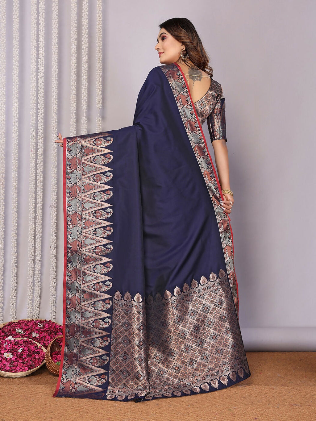 Navy Blue Banarasi Jacquard Woven Soft Silk Saree