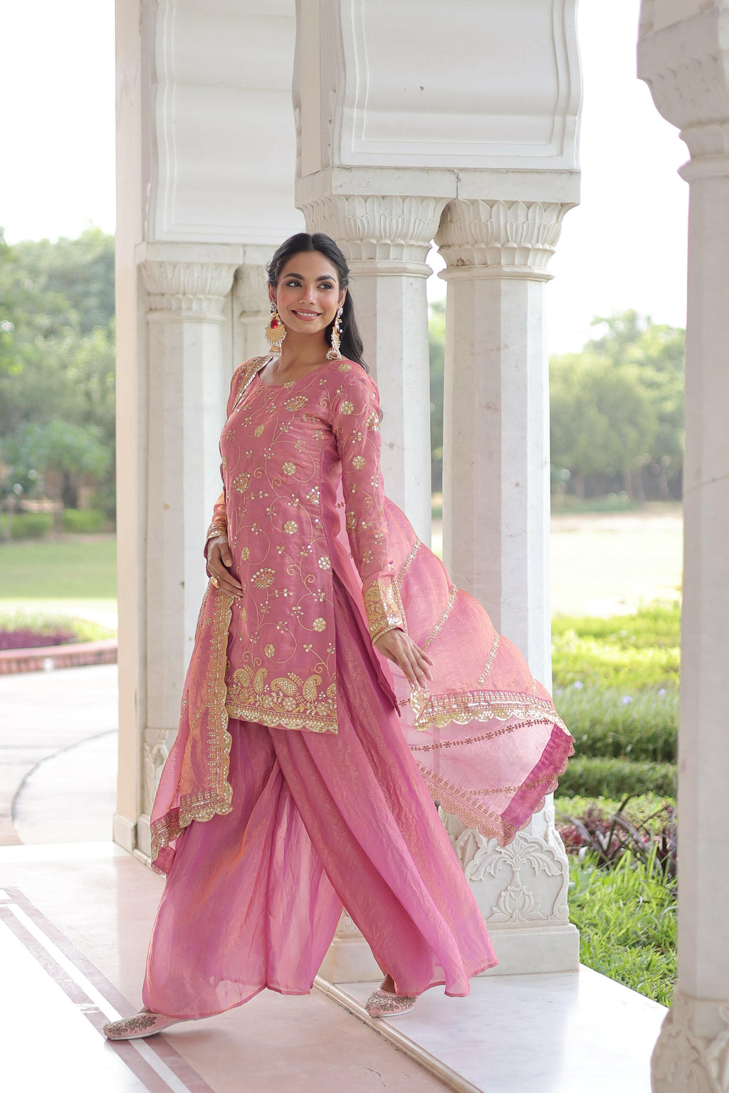 Pink Silk Readymade Kurta Set with Sequins Embroidery Work