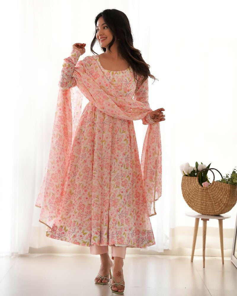 Peach Organza Kurta Set with Sequin Embroidery for Women