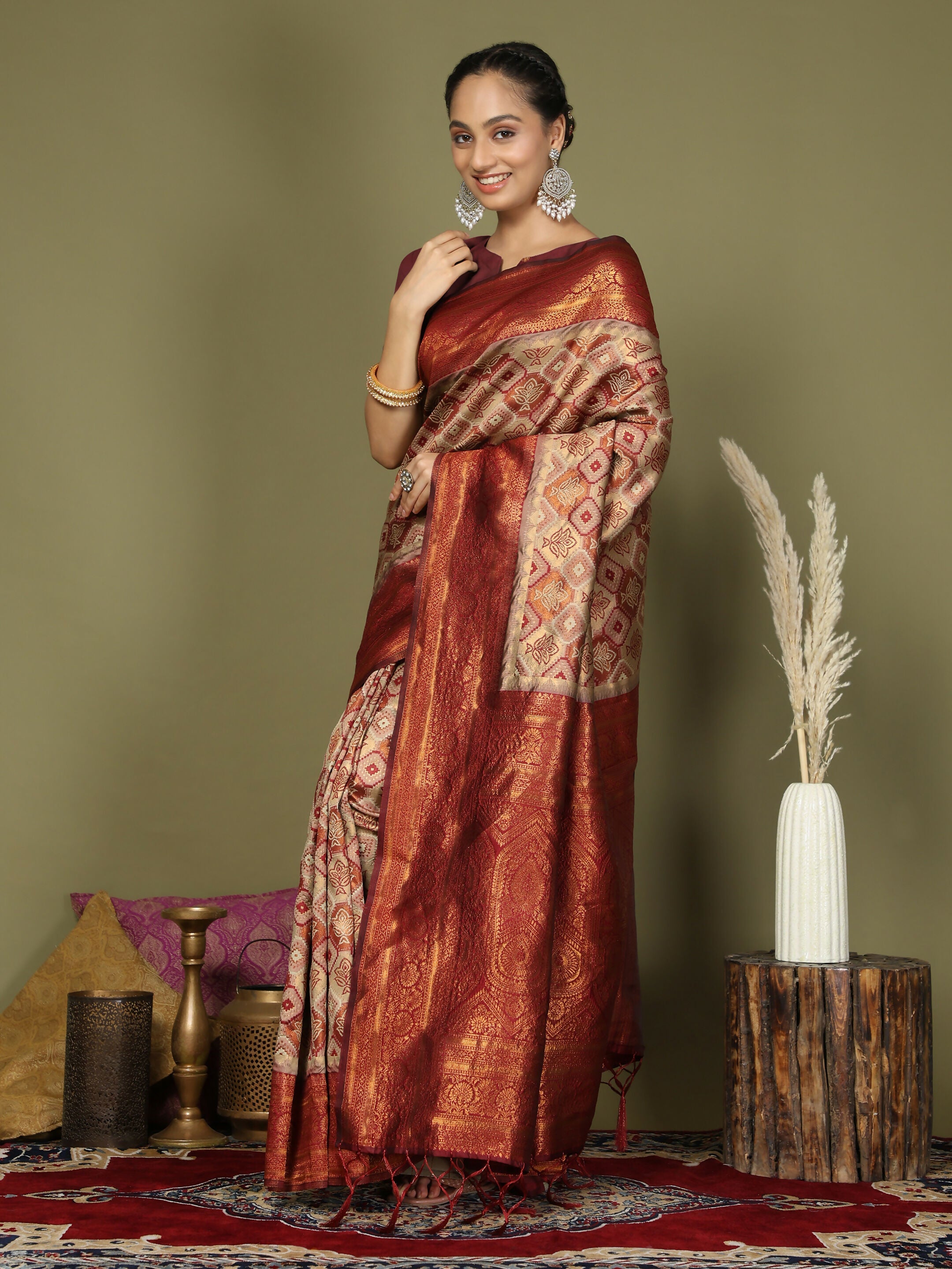 Cream Lichi Silk Saree with Red Blouse