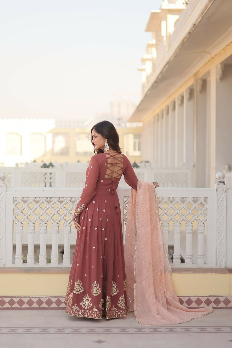 Brown Faux Georgette Sequins Thread Embroidery Anarkali Dress
