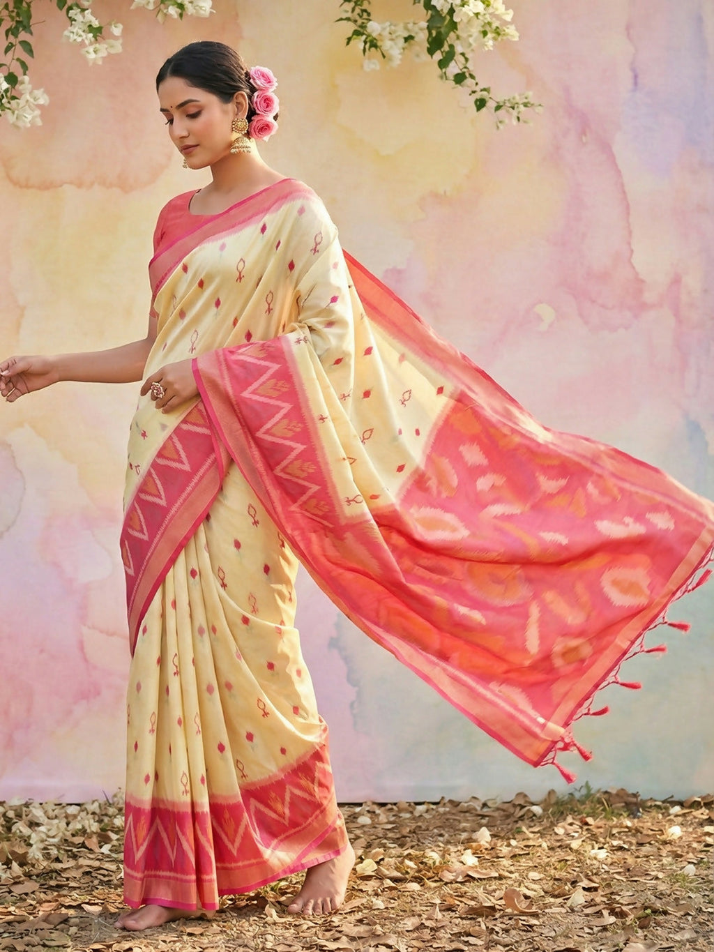 Cream Soft Silk Saree with Matching Blouse Piece