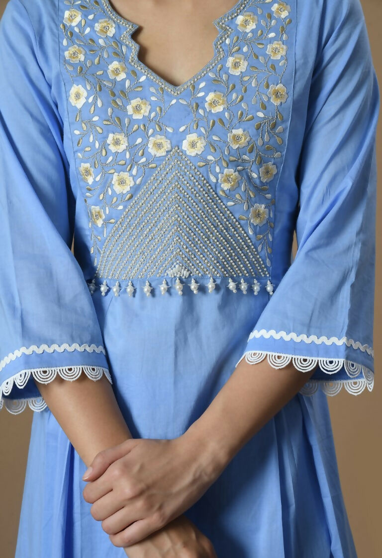 Light Blue Cotton Kurta Set with Organza Dupatta - 3 Piece Suit