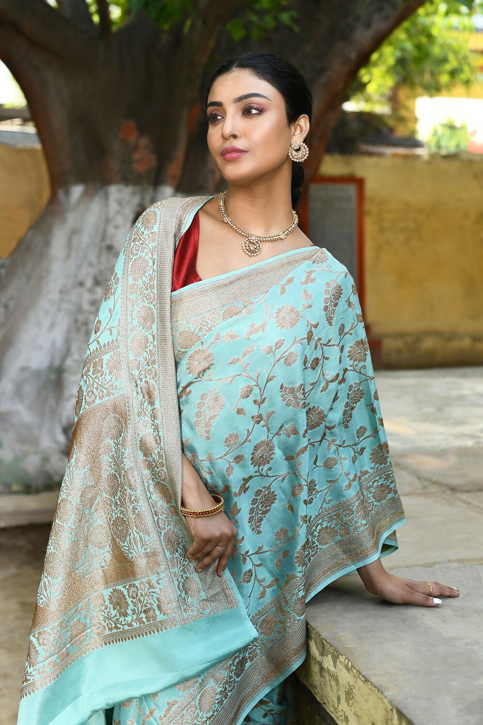 Aqua Crepe Chiffon Handloom Banarasi Silk Saree for Wedding