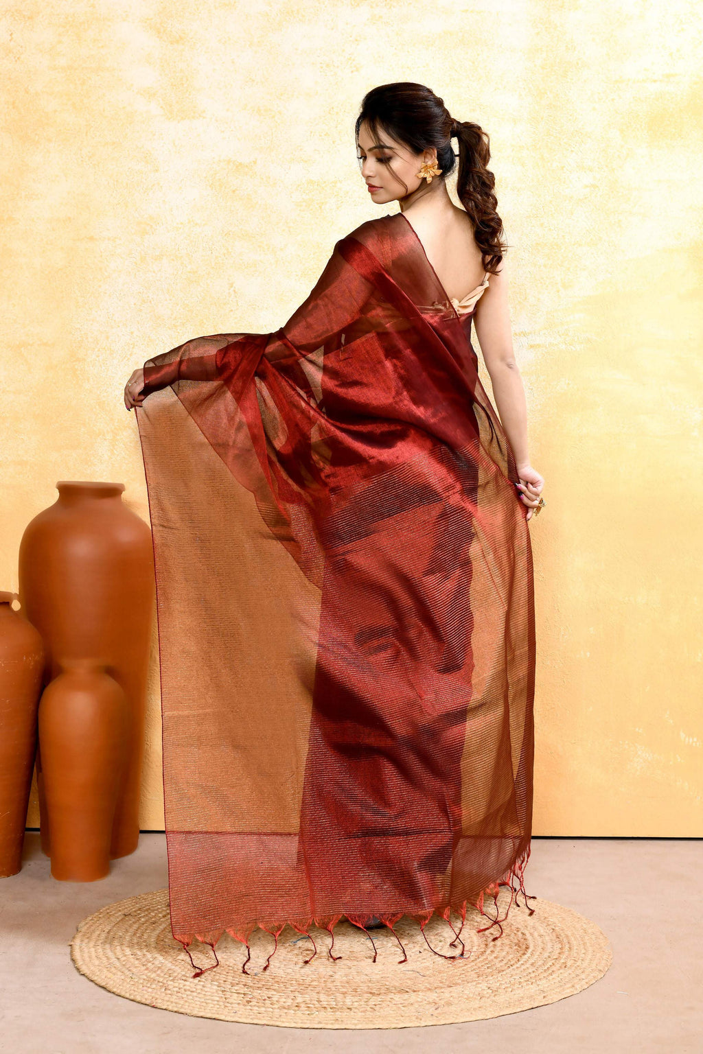 Maroon Dual Tone Organic Tissue Saree with Matching Blouse Piece