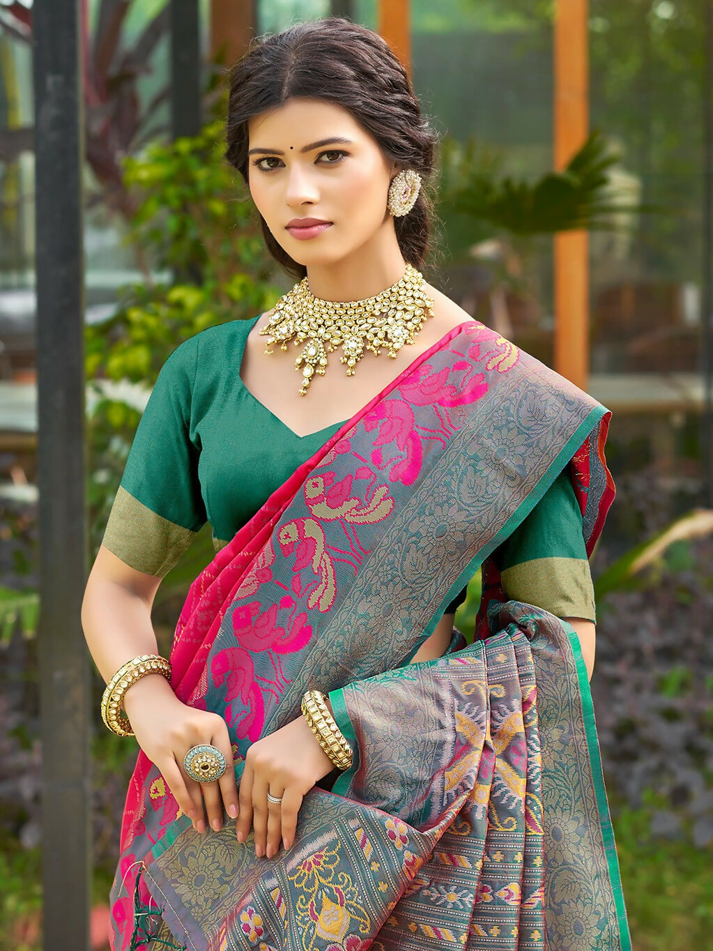 Red Soft Silk Saree with Sea Green Blouse