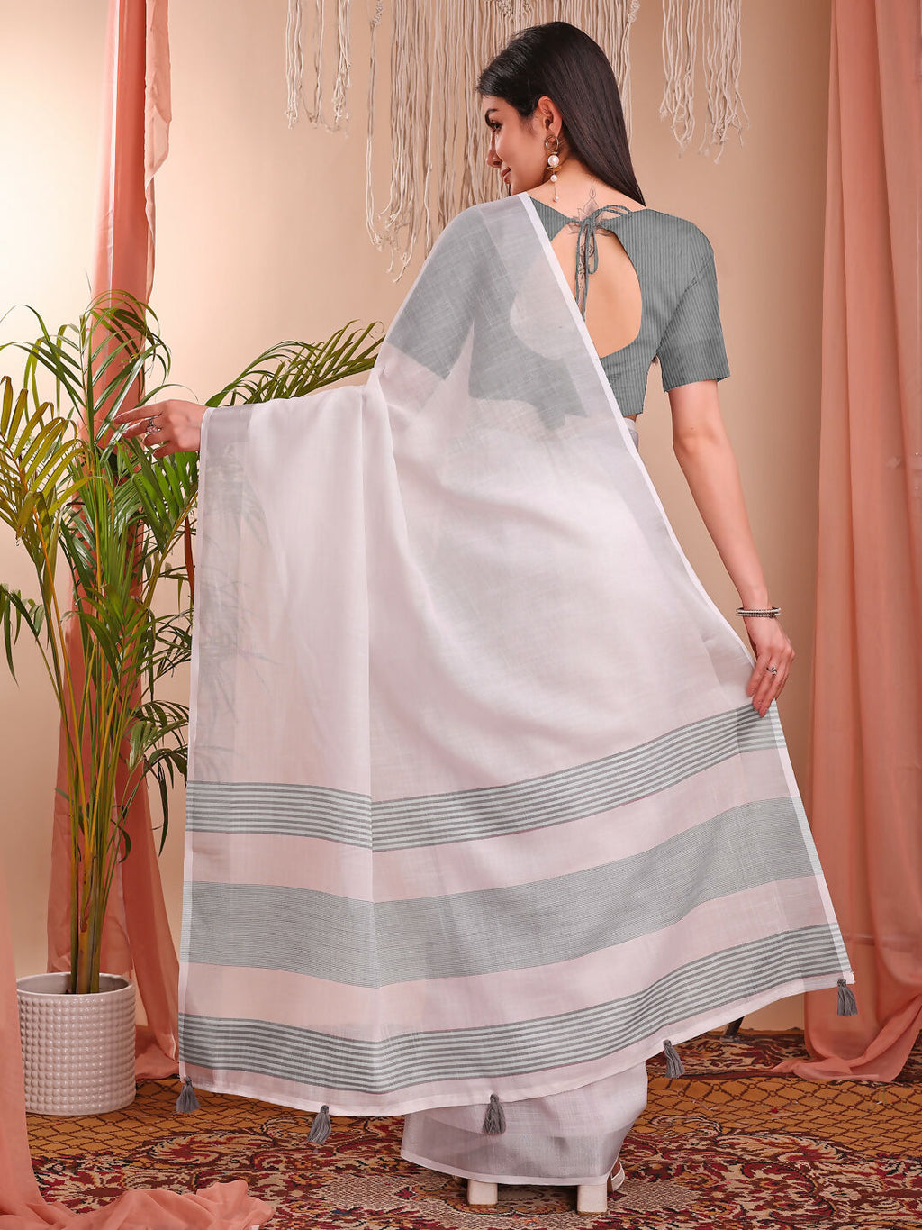 The White Loom White Linen Cotton Saree with Matching Blouse