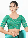 Rama green brocade padded blouse with round neck and elbow sleeves