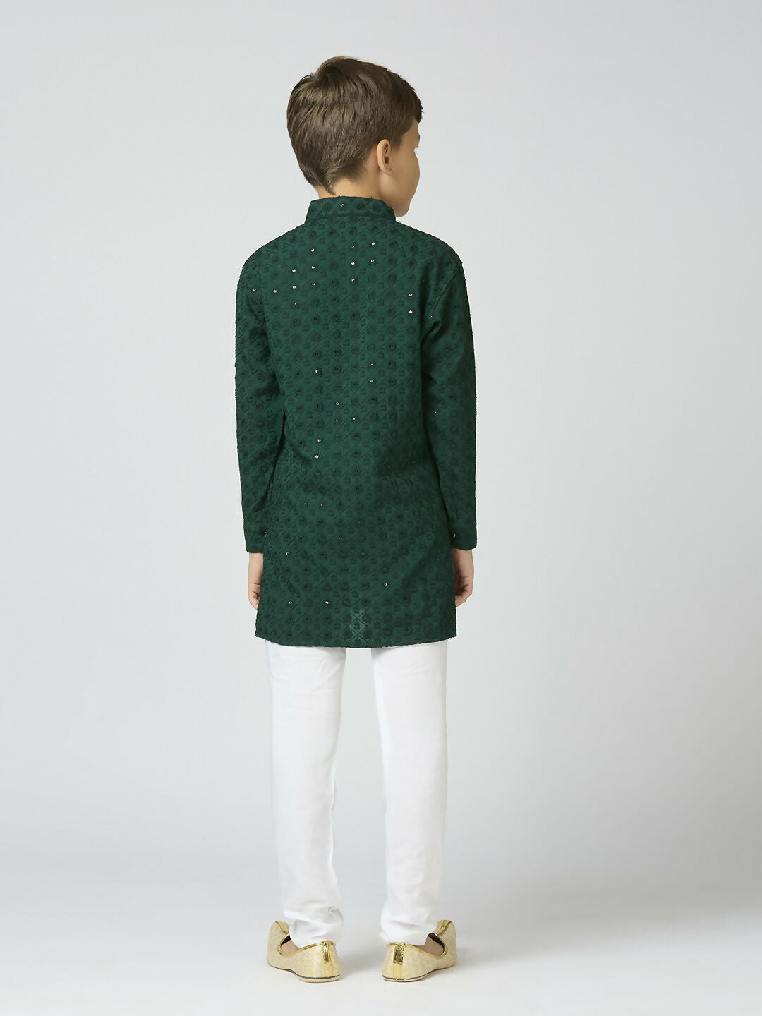 Boys Green Cotton Kurta and Pyjama Set with Sequin Embroidery