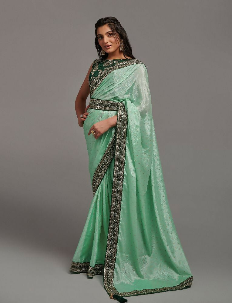PR Fashion Pista Chinon Embroidery Lace Saree