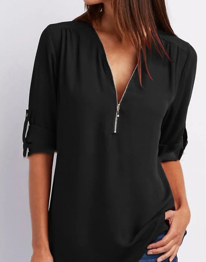 Women's Plus Size V-Neck Zip Chiffon Shirt