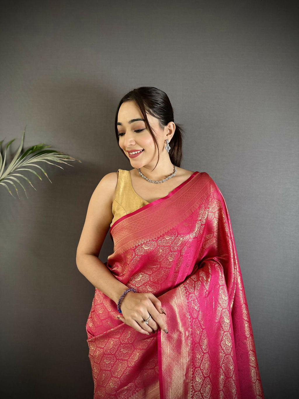 Rani Pink Banarasi Silk Saree with Paisley and Floral Motifs