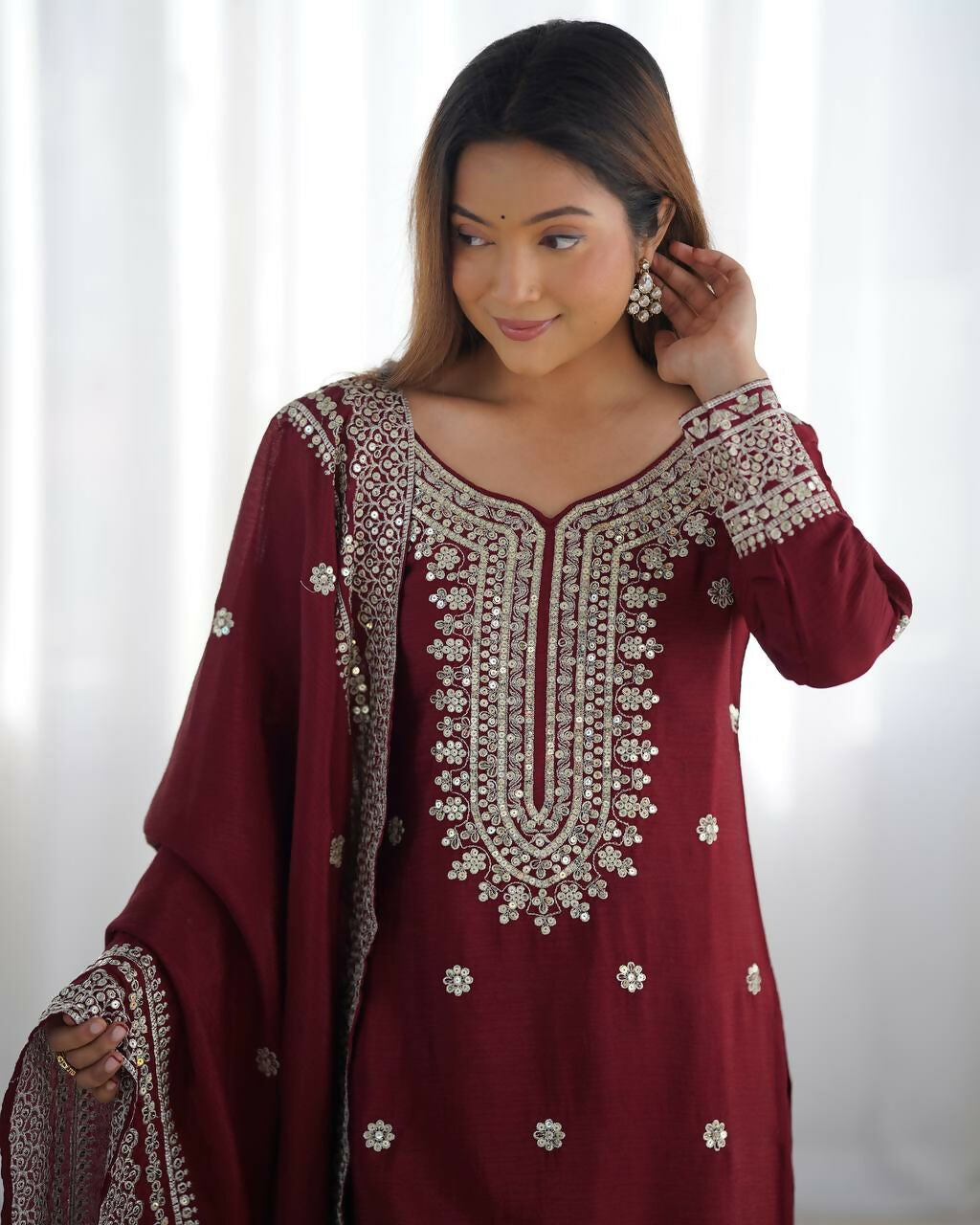 Maroon Silk Kurta Set with Sequins, Zari, and Thread Embroidery