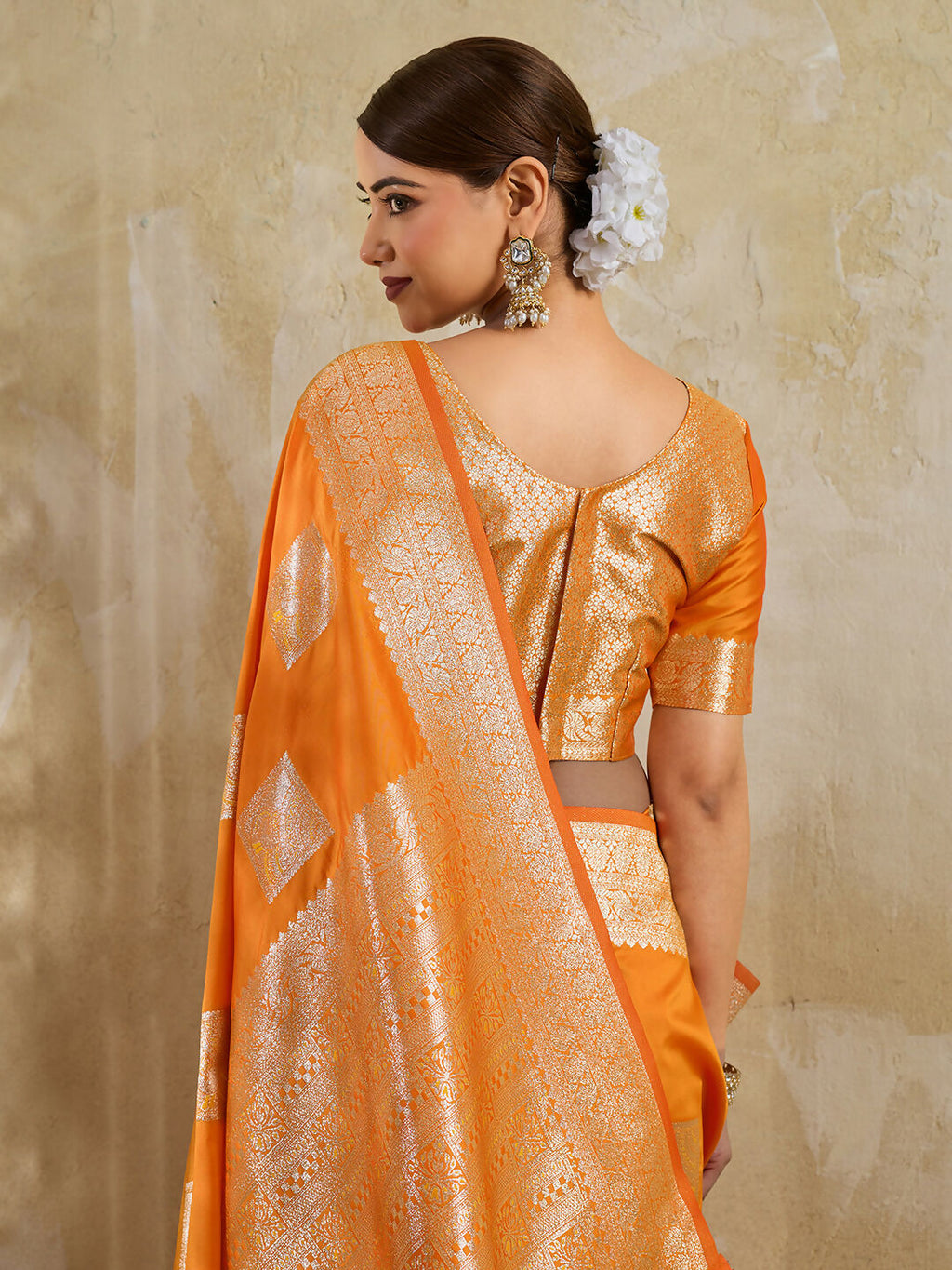 Orange Silk Blend Saree with Matching Blouse Set