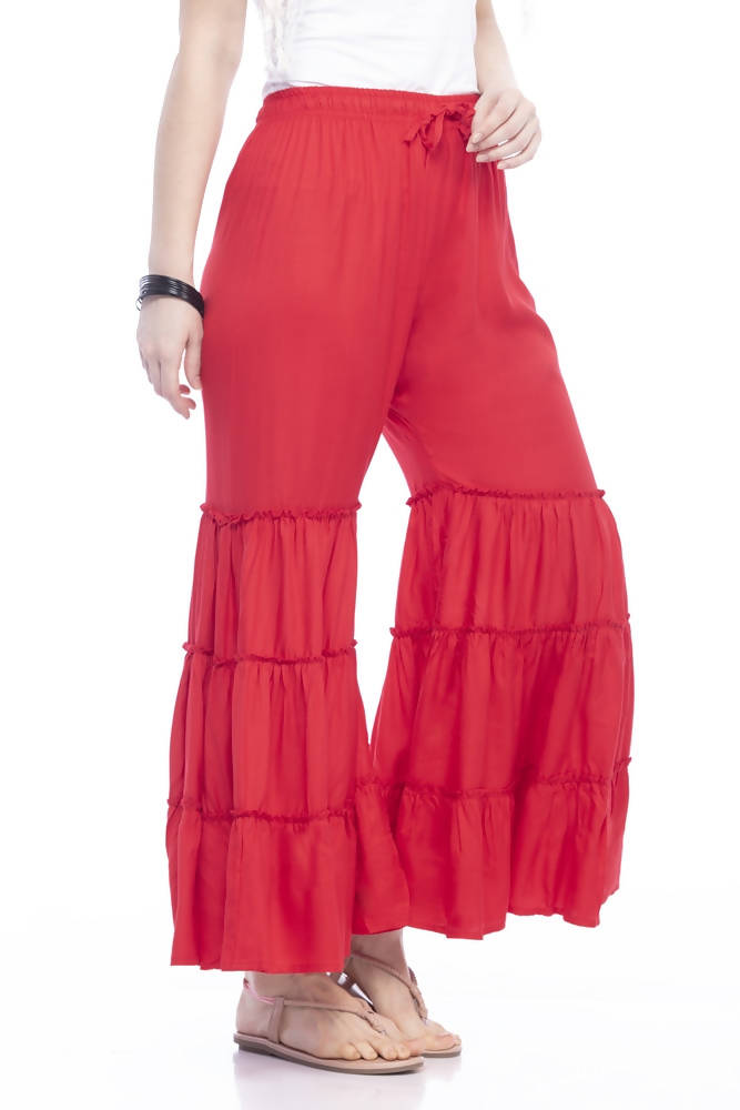 Women's Red Rayon Cotton Solid Palazzo Pants - Breathable Fit