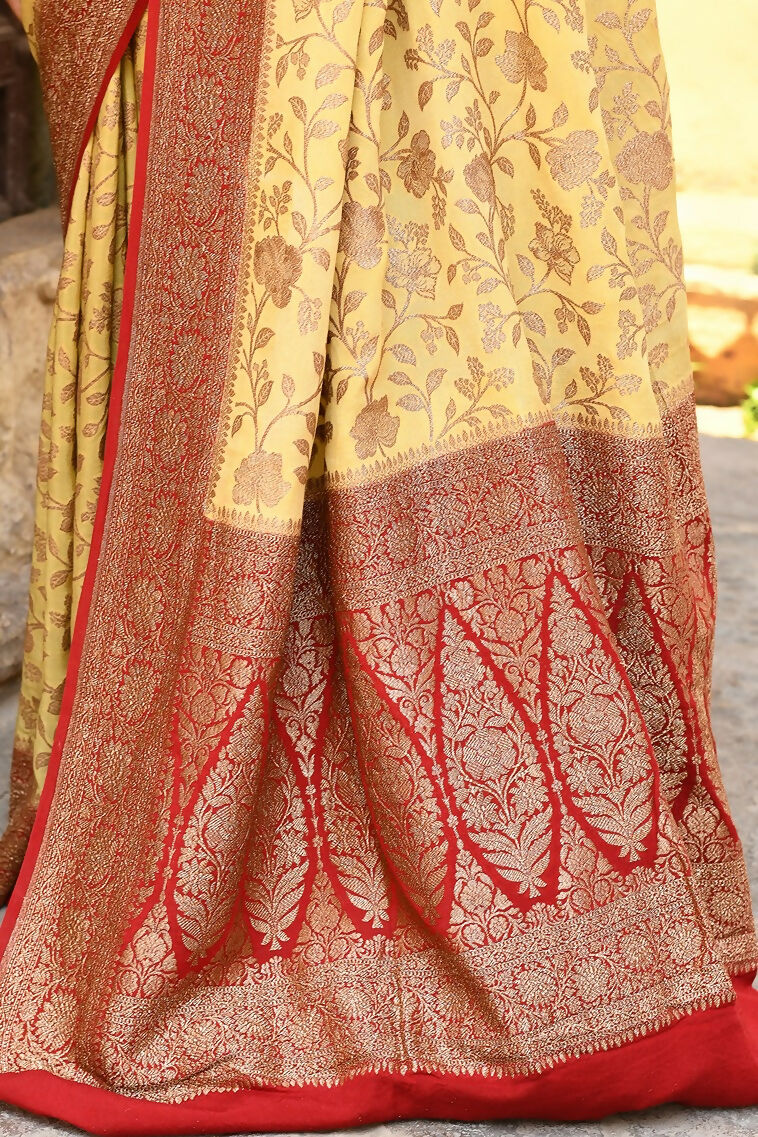 Yellow Crepe Chiffon Pure Handloom Banarasi Silk Saree