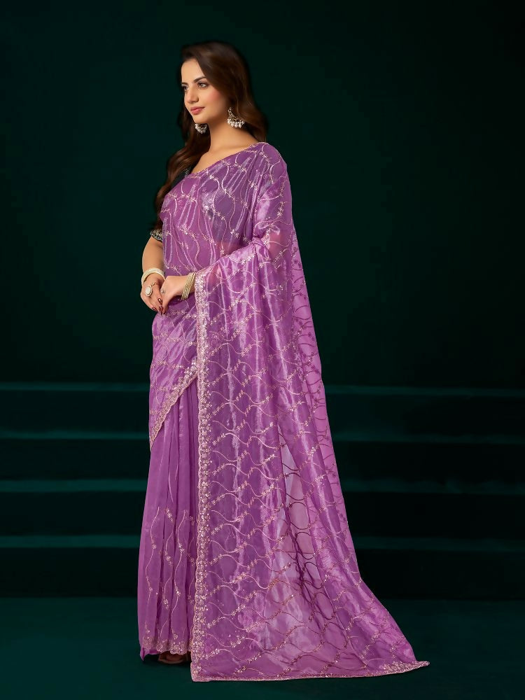 Lavender Net Party Wear Saree with Black Velvet Blouse