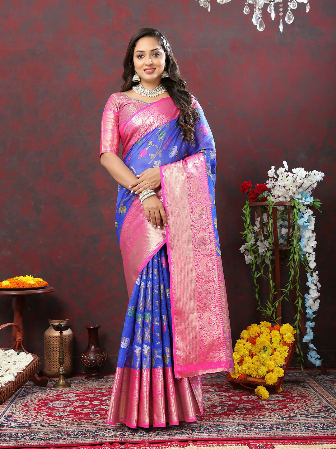 Blue Cotton Woven Design Saree with Zari Meenakari Weaving