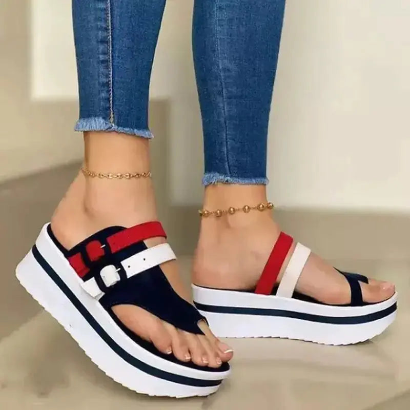 Women's Red White Blue Wedge Platform Thong Sandals - Image 20