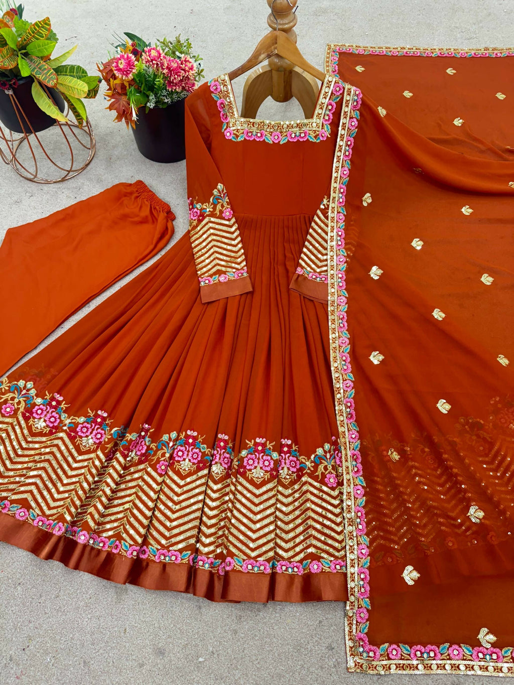 Orange Georgette Anarkali Gown with Heavy Sequence Embroidery