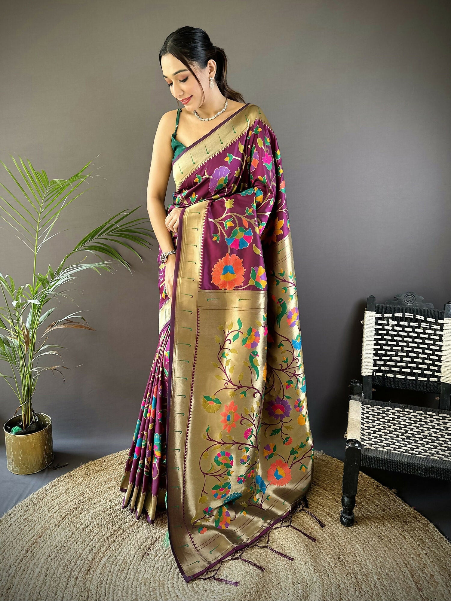 Wine Soft Silk Paithani Saree with gold zari floral motifs