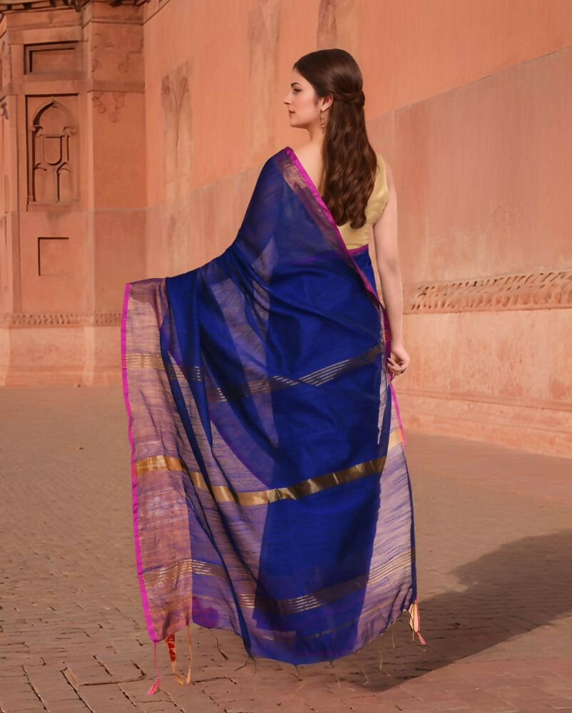 Joban Fashion Women Navy Blue & Megenta Pink Trendy Cotton Saree