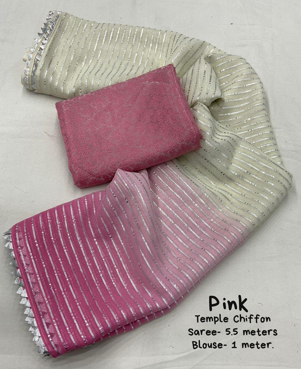 Pink Poly Chiffon Striped Saree with Patola Blouse