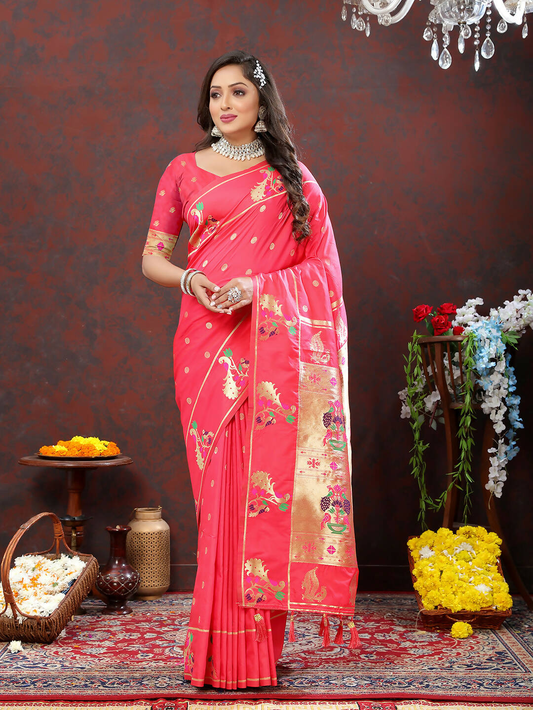 Lorenvalley Fashion Peach Soft Paithani Silk Woven Design Gold Zari Meenakari Weaving Saree