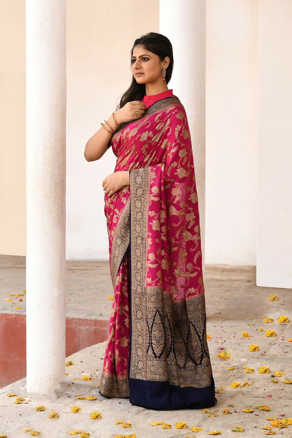 Hot Pink Crepe Chiffon Pure Handloom Banarasi Silk Saree