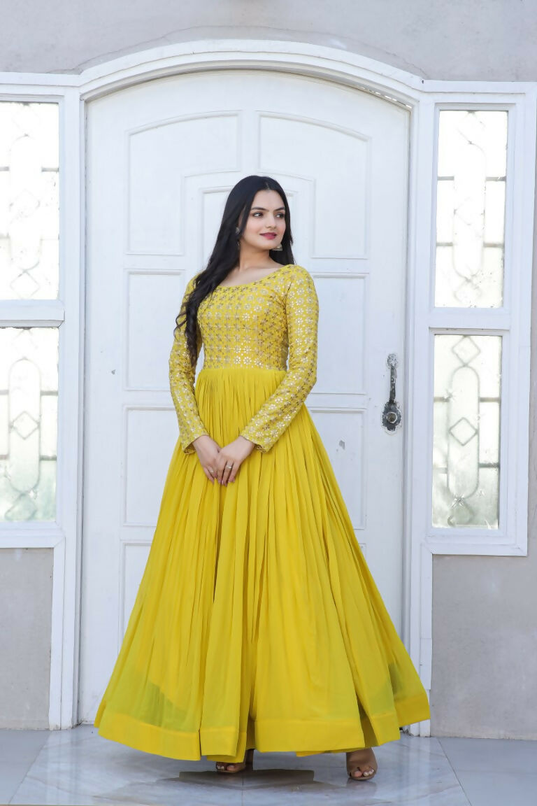 Yellow Sequins Zari Embroidered Faux Blooming Anarkali Dress