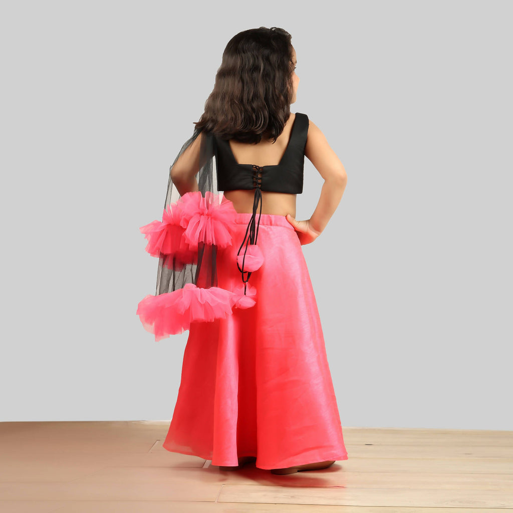 Black and Pink Ghagra Choli Set with Frill Net Dupatta